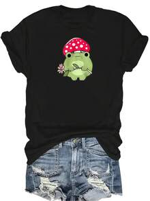 Camiseta de sudadera con estampado de rana para mujer y unisex, de verano, casual, transpirable, con cuello redondo, manga corta, estilo urbano y versátil, adecuada para adolescentes y adultos - Negro - Ver 1
