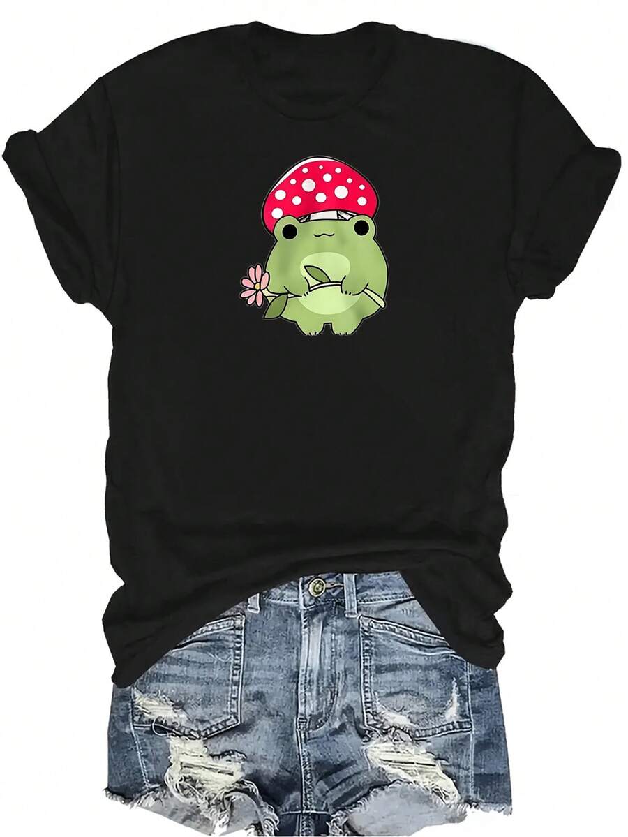 Camiseta de sudadera con estampado de rana para mujer y unisex, de verano, casual, transpirable, con cuello redondo, manga corta, estilo urbano y versátil, adecuada para adolescentes y adultos - Negro - Ver 1