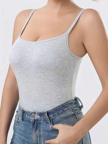 1/4-Piece Women's Built-In Bra Tank Top - Seamless Long-Sleeve Top, Soft And Stretchy Fabric In Solid White/Gray/Black/Beige, Versatile Strapless Layered Styling For Casual Wear, Smooth Texture Basic Style, Breathable Material, A Wardrobe Essential. - 灰色 - 查看 3