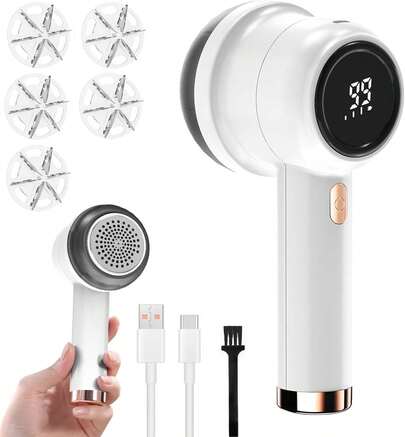 Quita Pelusa para Ropa Recargable, Removedor De Pelusa Electrico, Quitapelusas Electrico, Limpiador de Pelusa de suéter con 5 Cuchillas de Repuesto, Cepillo, Cable de Carga (Blanco)
