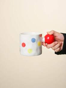 1pc Creative Ceramic Mug, With Ball-Shaped Handle & Hand-Painted Dotted Design, 2 Styles Available, Suitable For Home/Restaurant Use, Coffee/Milk Cup, Personalized Gifts, Gifts For Women, Mom Gifts, Birthday Gifts