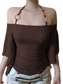 Women Ruched Halter Neck Tops Slim Beaded Short Flutter Sleeve Shirts  Summer Fall Streetwear - Brown - View 5