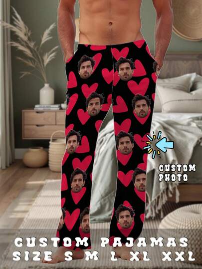 Men Custom Family Pet Face Pajamas Pants, Pajamas Party, Heart Printing Pajamas, Custom Holiday Gifts, Personalized Pajamas With Photo Birthday Gift Valentine's Day Gift, Fall