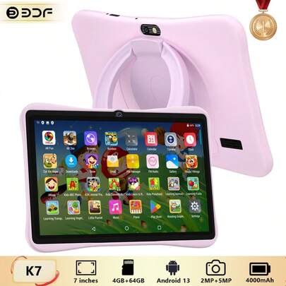  4GB RAM + 64GB Storage / 7-Inch Children's Tablet PC / Quad-Core 1.3GHz Processor / Android 13 OS, MTK8321 Chip / 1280x800 IPS HD Display / 2MP + 5MP Dual Cameras / 4000mAh Large Battery / Supports WiFi Parental Control And Educational Games / Made Of ABS Plastic + Silicone, BDF K7 Children's Educational Tablet (Includes: Packaging Box / Data Cable / Manual / OTG Adapter / Card Reader)