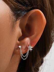 星形双耳洞耳环，简约风格耳环及耳链，女士流苏串珠 - 銀色 - 查看 11