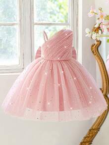 Young Girls' Faux Pearl Shoulder Sequin Mesh Bow Back Elegant Dress, Suitable For Flower Girl, Birthday Party, No Headband Included