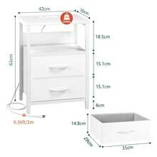 Mesita de noche con estación de carga, mesita de noche LED con 2 cajones de tela y estante de almacenamiento para dormitorio, mesita de noche con puerto USB y enchufe, adecuada para sala de estar / dormitorio - Blanco - Ver 3