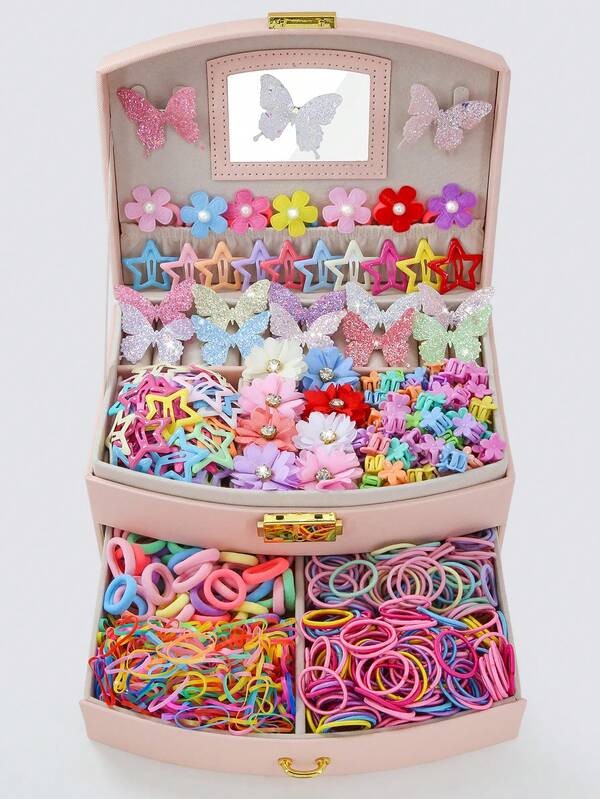 521 قطعة/مجموعة من مشابك الشعر المزينة بالفراشات الملونة والمرصعة بالبريق، إكسسوارات شعر أميرية جميلة، ربطات شعر مرنة وقوية وغير ضارة، أطواق شعر، كماشات شعر، متعددة الاستخدامات للاستخدام اليومي للفتيات