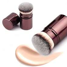 [Soft Kabuki Brush] 1pc Professional Kabuki Foundation Brush | Soft Synthetic Bristles, Retractable Round Head For Blush & Powder Application, Dark Brown ABS Handle, Perfect For Liquid Makeup At Home Or On-The-Go - màu đen - Xem 1