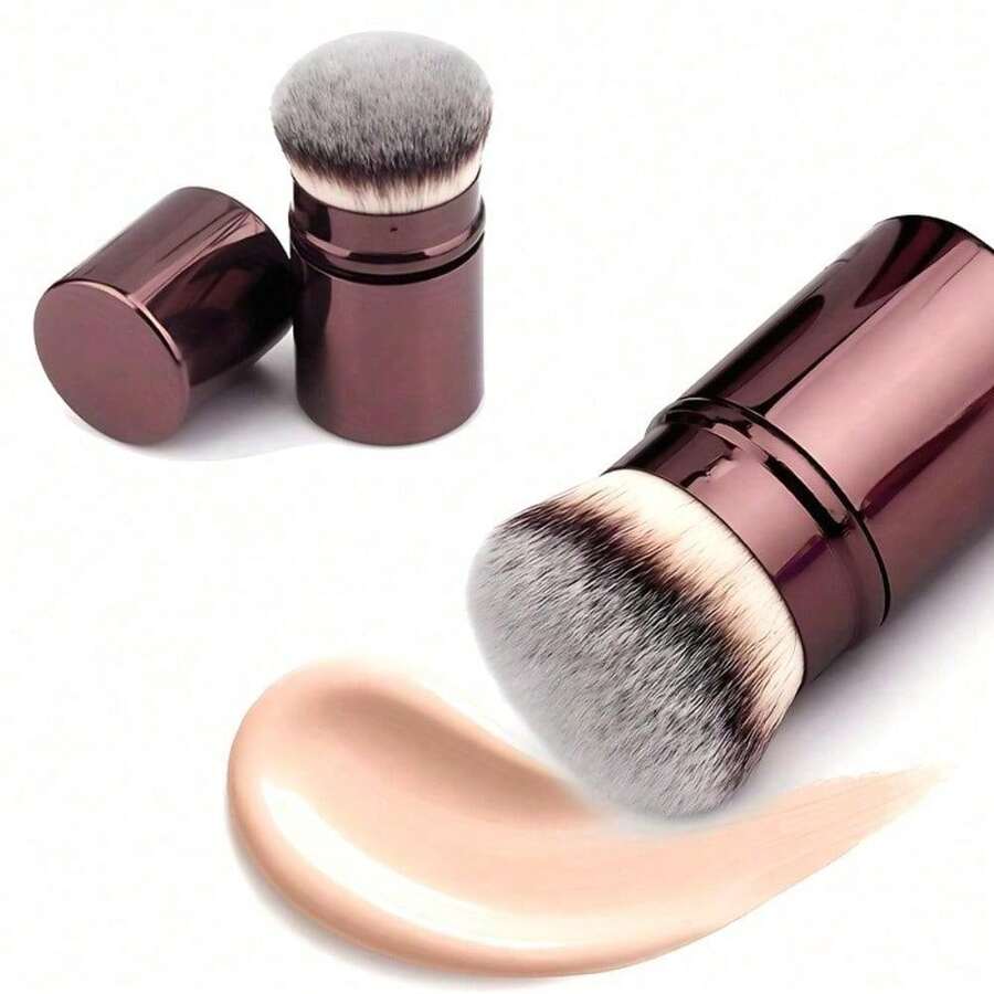 [Soft Kabuki Brush] 1pc Professional Kabuki Foundation Brush | Soft Synthetic Bristles, Retractable Round Head For Blush & Powder Application, Dark Brown ABS Handle, Perfect For Liquid Makeup At Home Or On-The-Go - màu đen - Xem 1