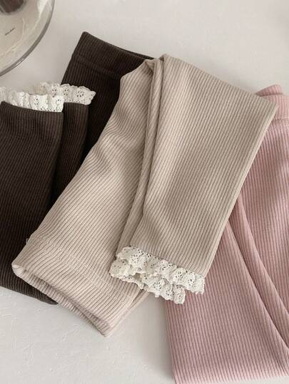 Newborn Baby Girls Solid Color Lace Trim Elastic Leggings, Spring/Autumn