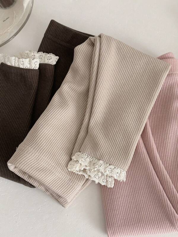 Newborn Baby Girls Solid Color Lace Trim Elastic Leggings, Spring/Autumn