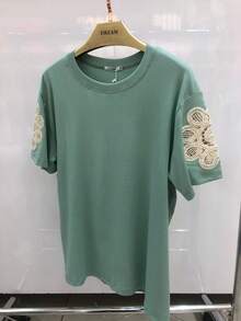 Basic T-Shirt With Flower Detail On The Sleeve, Summer - 綠色 - 查看 2