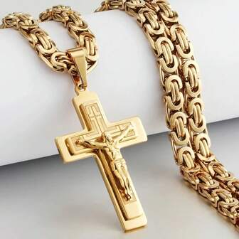1 Men's Heavy Stainless Steel Cross Pendant Necklace - Byzantine Chain Jesus Christ Religious Jewelry, Yellow Gold Everyday & Formal Wear Necklace - Durable Christian Faith Gift, Faith Accessory, Elegant Jewelry.