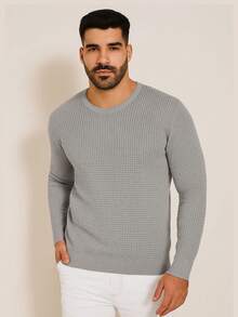 Men's Knitted Sweater, Round Neck, Long Sleeve, Basic Casual Knit Top - 灰色 - 查看 2