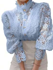 Women's Shirt, French Lace Patchwork Shirt, Elegant And Fashionable Women's Clothing, Pearl Button Lace Small Collar Long-Sleeve Shirt, Plus Size Women's Shirt - Màu xanh bạc hà - Xem 1