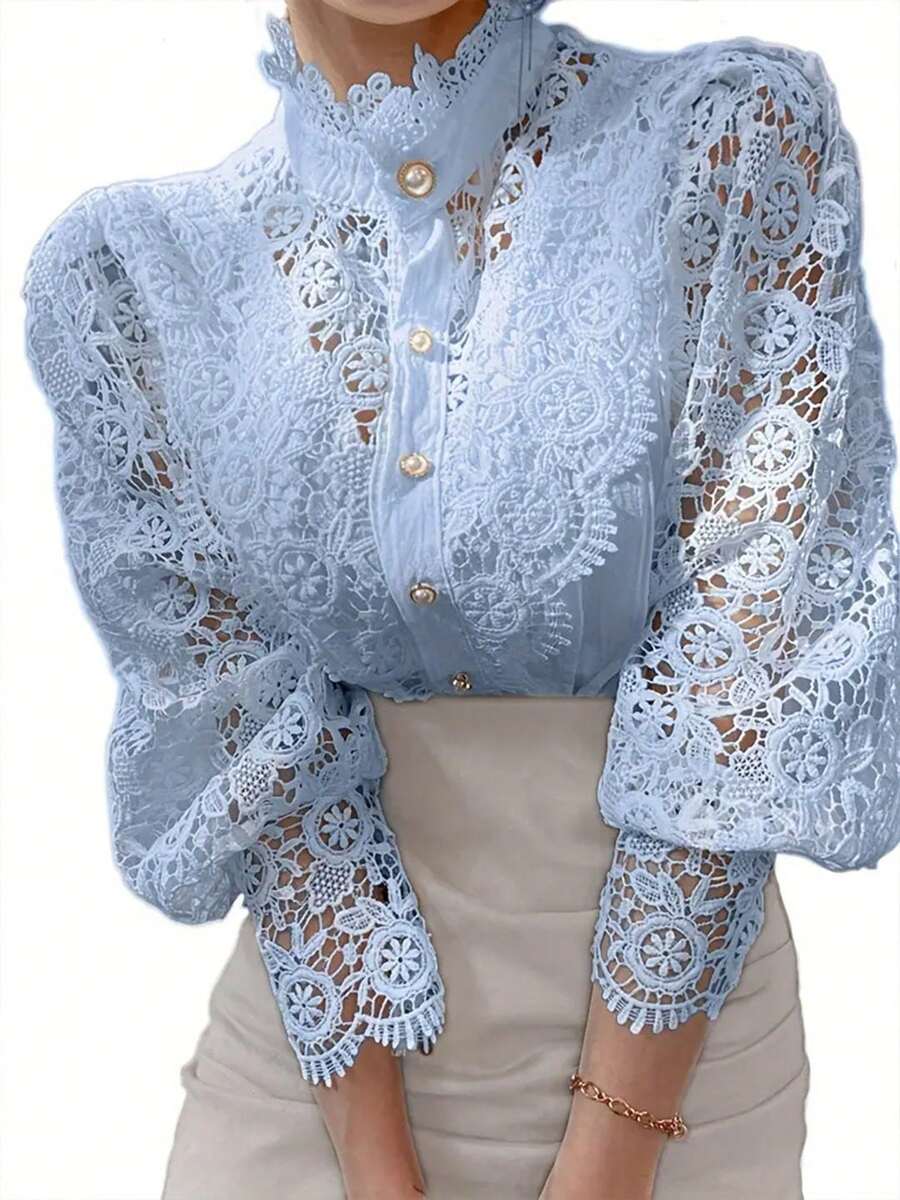 Women's Shirt, French Lace Patchwork Shirt, Elegant And Fashionable Women's Clothing, Pearl Button Lace Small Collar Long-Sleeve Shirt, Plus Size Women's Shirt - Màu xanh bạc hà - Xem 1
