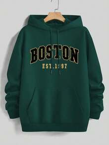 Men's Boston Letter Print Casual Hoodie Sweatshirt, Back To School, Autumn/Winter, Long Sleeve Top