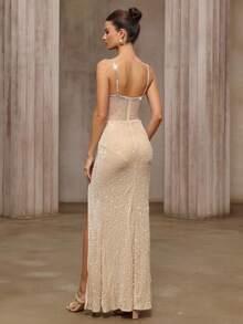 女士优雅奢华网眼透明水钻天鹅绒亮片开衩紧身派对晚礼服，适合夜间外出和特殊场合的时尚连衣裙 - 杏色 - 查看 3