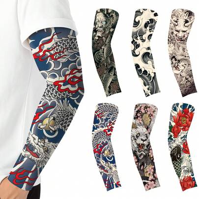 中国风花卉臂套纹身，无缝手臂覆盖，可定制颜色印花，适合骑行，臂套