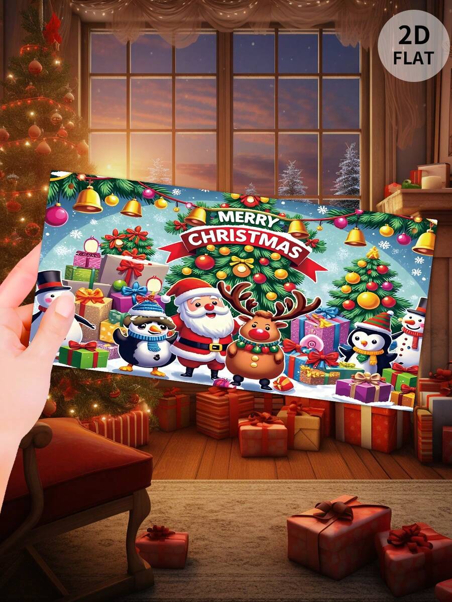 1pc 2D Flat Christmas Banner, Santa Claus, Reindeer, Penguin, Holiday Decor, Cross-Border Hot Seller, Classic Christmas Theme Design, Father Christmas, Cute & Adorable Style, Home Decor, Christmas Decoration Christmas Decorations Room Decor