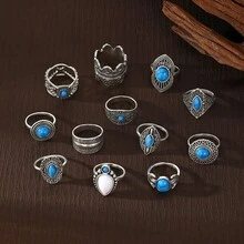 Bộ 12 chiếc nhẫn đính đá quý hình vương miện dành cho nữ, trang sức cổ điển, thích hợp làm quà tặng, bạn bè, tiệc tùng, phối đồ hàng ngày - Màu Bạc Cổ - Xem 4