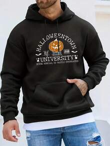 Sudadera con capucha de la Universidad de la Ciudad de Halloween - Estampa de calabaza geométrica, sudadera casual con bolsillo, 100% poliéster, ligeramente elástica, para usar en cuatro estaciones, ideal para usar informalmente los fines de semana - Negro - Ver 9