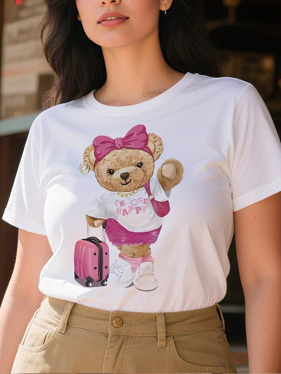 Camiseta Tops casuales de mujer con estampado de oso lindo 220 g de algodón puro grueso y cómodo - Blanco - Ver 1