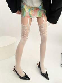 1 Pair Suspender Style Hollow Fishnet Stockings Solid Color Lace Woven Anti-Snagging Fishnet Stockings Bottoming Pants