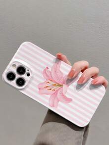 1pc Striped Lily Flower Pattern Glossy Perforated Faux Leather Full Coverage Hard Phone Case Compatible With Samsung/Compatible With IPhone 11/12/13/14/15/16 Pro Max