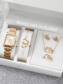 6pcs/Set Women's Gift Watch With Steel Band, Fashionable Square Roman Numeral Dial Quartz Wrist Watch + Heart Jewelry Set (Watch Box Not Included)