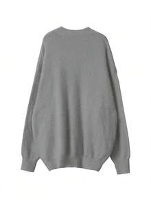 Plus Size V-Neck Beaded Solid Color Sweater, Casual For Autumn/Winter - Light Grey - View 3