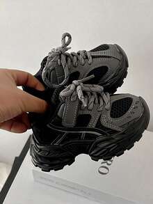 2-13 Years Old Unisex Infant Casual Sports Shoes, Gray Baby Chunky Sneakers, Spring/Autumn 2025 New Leather & Mesh Breathable Soft Sole Comfortable Toddler Walking Shoes, Fashion Sporty Non-Slip Wear-Resistant Indoor/Outdoor Running, Climbing, Playing Lightweight Shock-Absorbing Shoes, Lightweight Breathable Girls Thick Sole Black & Gray Color-Block Personalized Retro Chunky Sneakers, Students Daily Casual Travel Leisure Big Round-Toe Sports Shoes