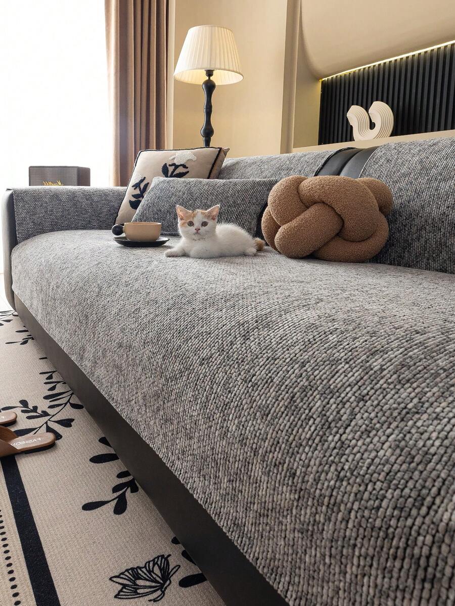 1pc Solid Color Chenille Sofa Cushion Cover, Minimalist Starry Pattern Sofa Slipcover, Anti-Slip Anti-Scratch Sofa Protector, Home Decor For 1/2/3/4 Seater Sofa, All Season - Grey - View 1