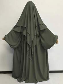 1 Set Soft Double-Layer Solid Color Hijabs Headscarf With Tie Design + Muslim Abaya Dress With Pleated Front Design, Classic Versatile Abaya Jilbab, Suitable For All Seasons, Casual, Cute, Elegant, Made Of Polyester