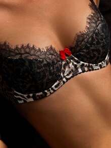 假日超薄文胸，法式新娘内衣，性感豹纹薄款内衣，舒适内衣，新年和情人节礼物，类似女士钢圈文胸，豹纹条纹内衣，性感浪漫女士文胸，网纱印花红色蝴蝶结文胸 - 黑色 - 查看 12