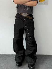 Autumn Vintage Curved Long Breasted Design Jeans Men's  High Street Loose Wide Leg Floor Length Pants - 黑色 - 查看 4