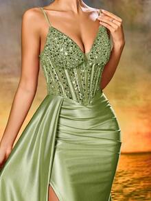 Elisanya 女士优雅华丽亮片串珠高腰长丝带开衩露背系带派对晚礼服、婚礼宾客礼服、正式礼服、毕业礼服 - 草綠色 - 查看 1