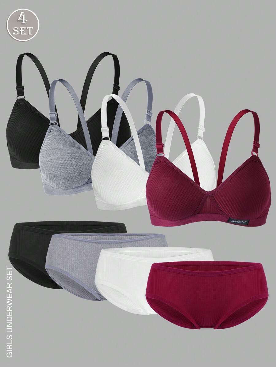4pcs/Set Solid Color Ribbed Teenage Girl Underwear Set, Including Teenage Triangle Cup Bra And Ribbed Panties - Multicolor - View 1
