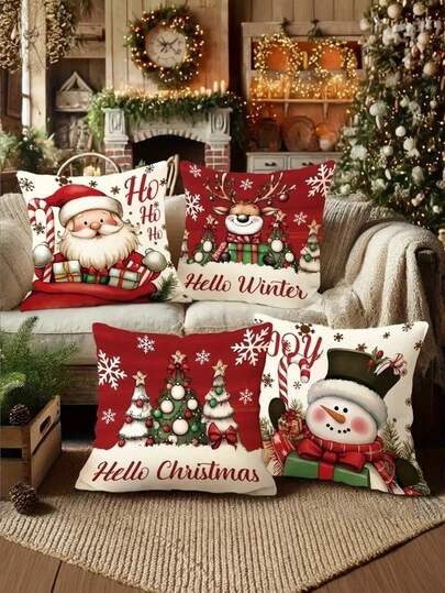 4 fundas de cojín navideñas - Funda decorativa festiva con diseños de Papá Noel, muñeco de nieve, reno y árbol con cierre de cremallera, estilo moderno para decoración del hogar y la sala de estar, ambiente navideño (relleno no incluido)