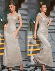 Women's Sequin Formal Evening Tassel Bead Sleeve Long Maxi Party Dress, Retro Glam Style RRV9 - Màu xanh lá cây rực rỡ - Xem 7