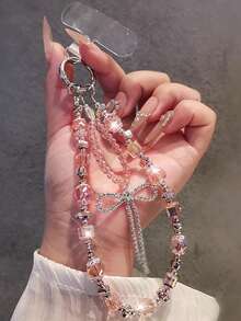 女士蝴蝶装饰手机挂绳，精致水晶吊坠腕短串珠配饰，户外旅行购物防丢手机带，时尚手机壳挂绳 - 彩色 - 查看 14
