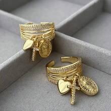 1pc New Arrival Side-Set Little Heart Cross Religious Charm Rings Pave Zirconia Multi-Loop Adjustable Open Rings - Gold - View 1