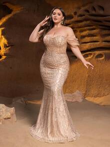 Elisanya Elegante vestido de gala de sirena con cuentas impactante con mangas voluminosas con hombros descubiertos - Bordado tipo escamas y dobladillo de cola de pez para eventos de gala, fiestas de etiqueta y glamour de celebridades