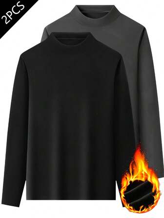 2개/세트 남성용 써멀 라이닝 긴팔 티셔츠, 캐주얼 야외 스포츠 피트니스 러닝 워크아웃 탑, 가을/겨울