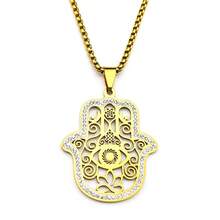 Hamsa Fatima's Hand Evil Eye Lotus Stainless Steel Necklace For Women Men Gold Color Rhinestones Islam Chain Arabic Jewelry