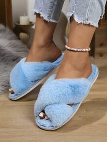 女士交叉仿皮毛拖鞋，超大兔毛时尚跨境拖鞋 - 藍色 - 查看 2