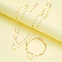 Elegant 3-Piece Heart-Shaped And Artificial Pearl Jewelry Set - Women's Necklace And Bracelet, Ideal For Dating, Vacation, And Casual Wear - Vàng - Xem 4