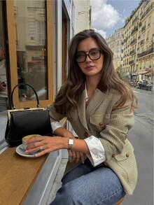 Blazer casual elegante de manga larga a cuadros retro para mujer, otoño/invierno