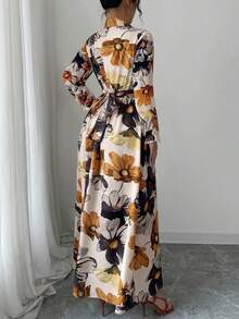 New Autumn Floral & Plant Print Elegant Casual Front Button Belted Dress, Suitable For Halloween, Christmas, Daily Wear, Vacation, Party, Date, Afternoon Tea, Holiday Occasions - Multicolor - View 2